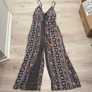 Boho Floral Print Wide-Leg Jumpsuit in Black and Coral